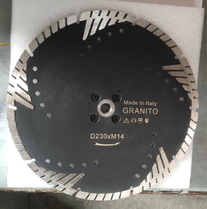 Triangle turbo diamond dise for granite  Diameter 230mm, M14 (50mm diameter steel) flange  Thickness 2.6mm, Segment height 8mm, A grade